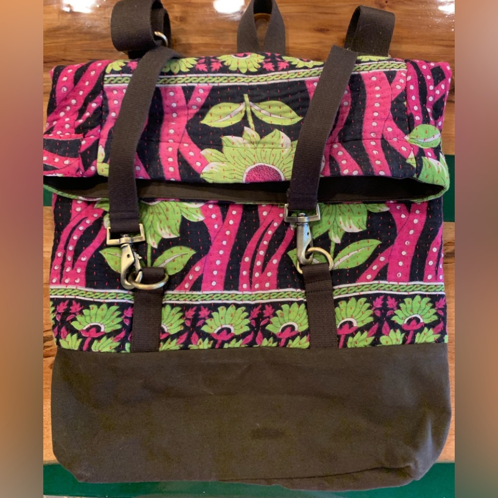 Sari Bari backpack. Green/ hot pink/ brown. Good condition. 20” X 15.5”.